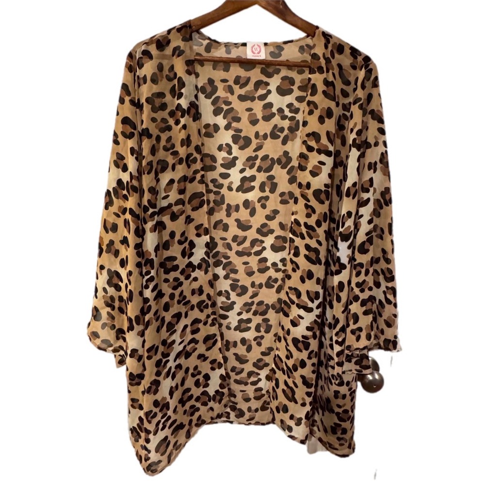 Wanna B Kimono Cardigan Womens One Size Brown Excellent Leopard Print Open Front